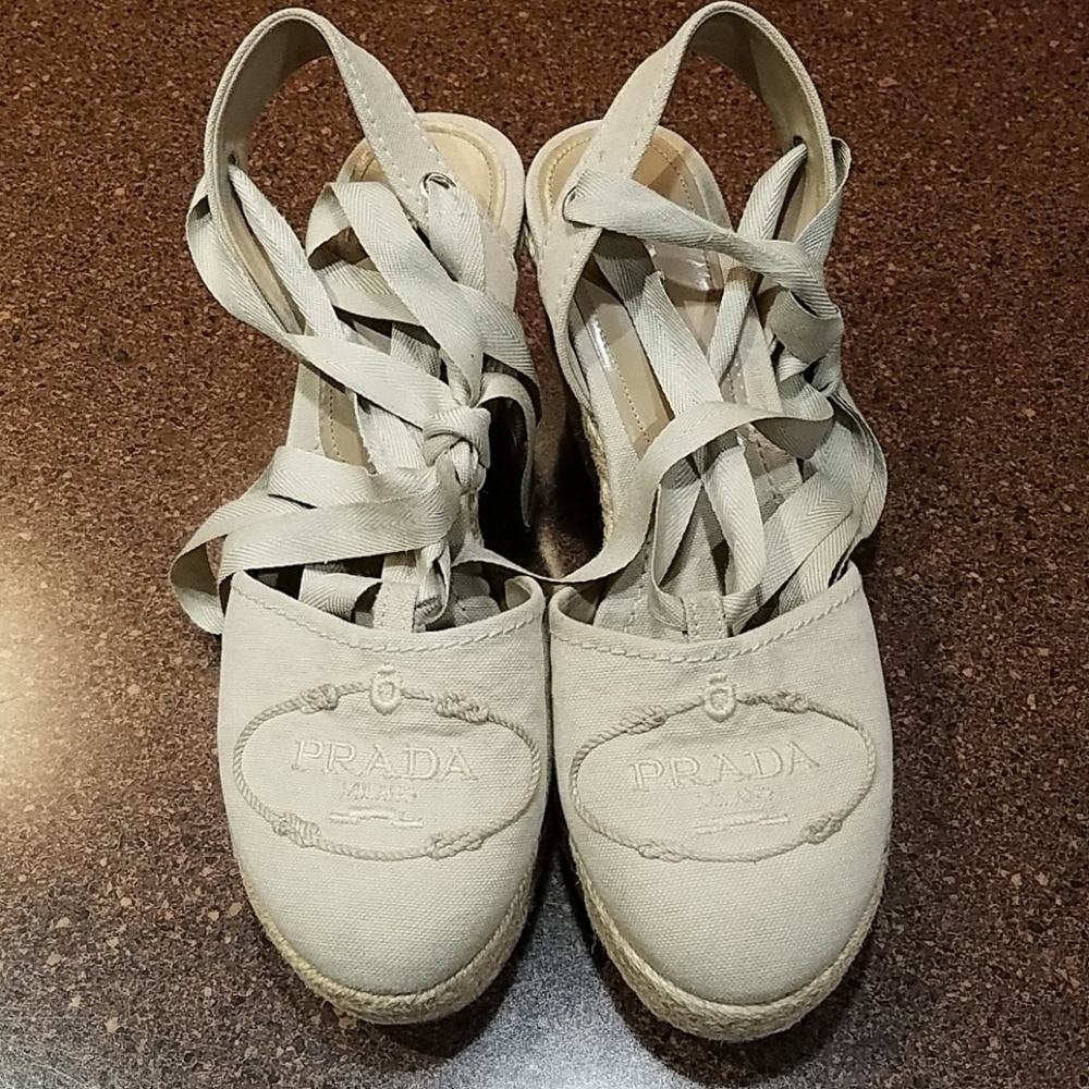 Prada wedge canvas logo embroidered Espadrille wed